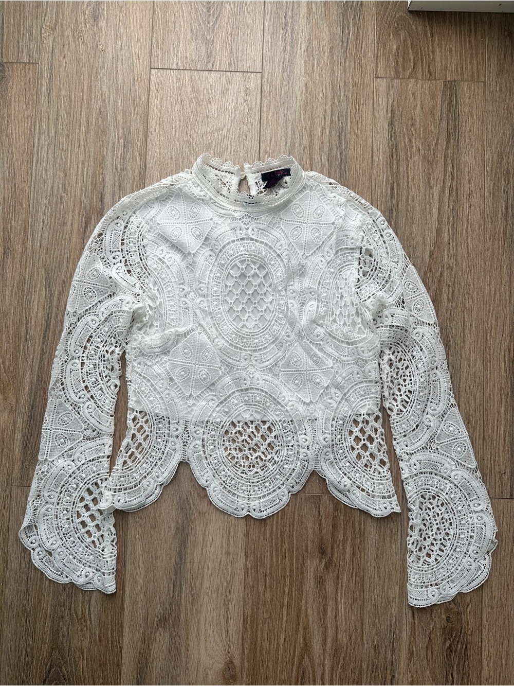 White lace crochet long-sleeve crop top